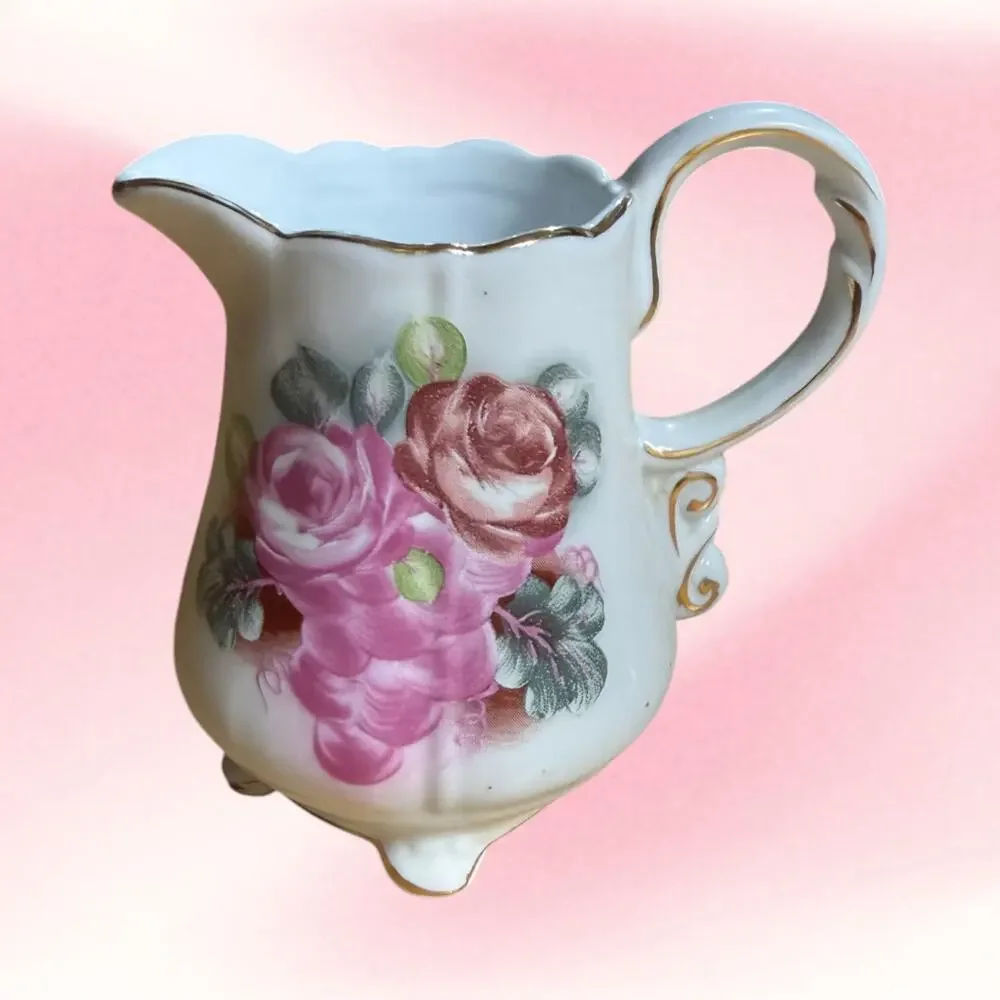 Vintage Nippon Marked Rose Creamer Sugar Bowl Set Gold Trim Grandmillennial